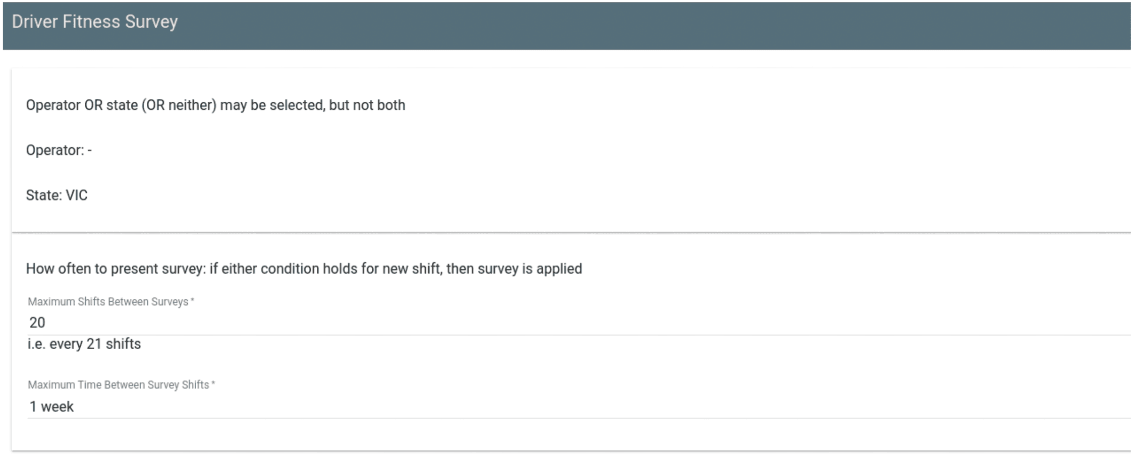 Net-Cabs Admin Driver Survey Fitness Settings.