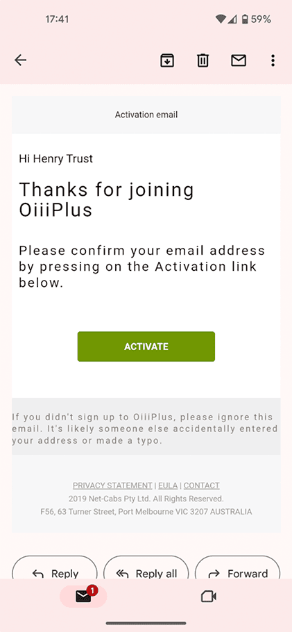 OiiiPlus Onboarding Email Confirmation.